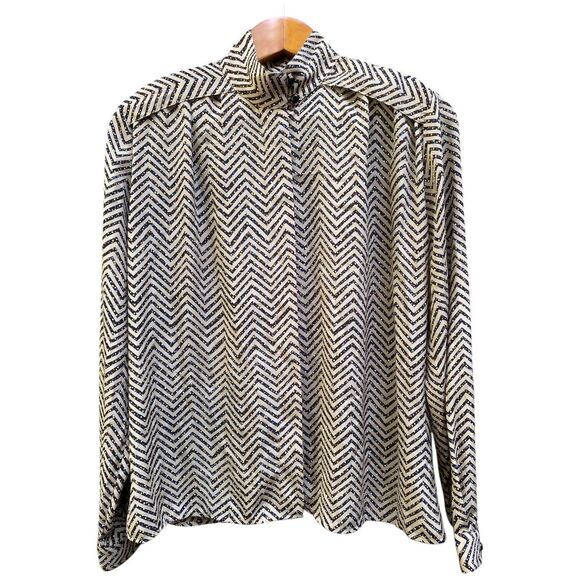 Vintage Helen Fabricant Blouse 10 Chevron Print 80s Office Shoulder Pads Beige - Picture 6 of 12
